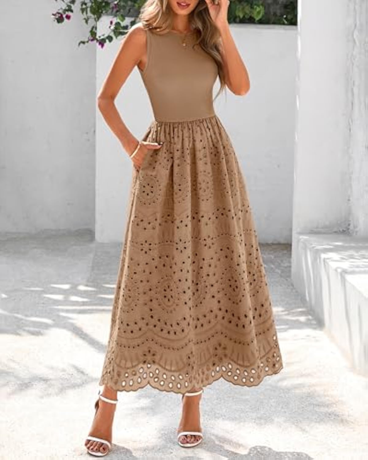 Women Summer Dresses Casual Sleeveless Crewneck A-Line Boho Lace Eyelet Cotton Tank Maxi Dress with Pockets