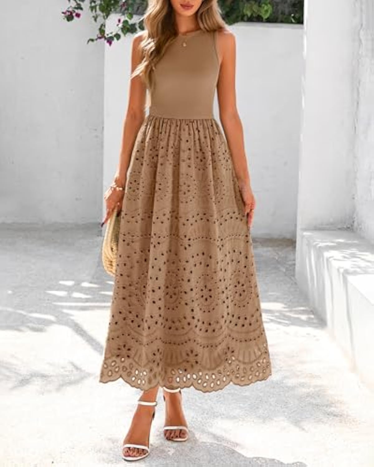 Women Summer Dresses Casual Sleeveless Crewneck A-Line Boho Lace Eyelet Cotton Tank Maxi Dress with Pockets