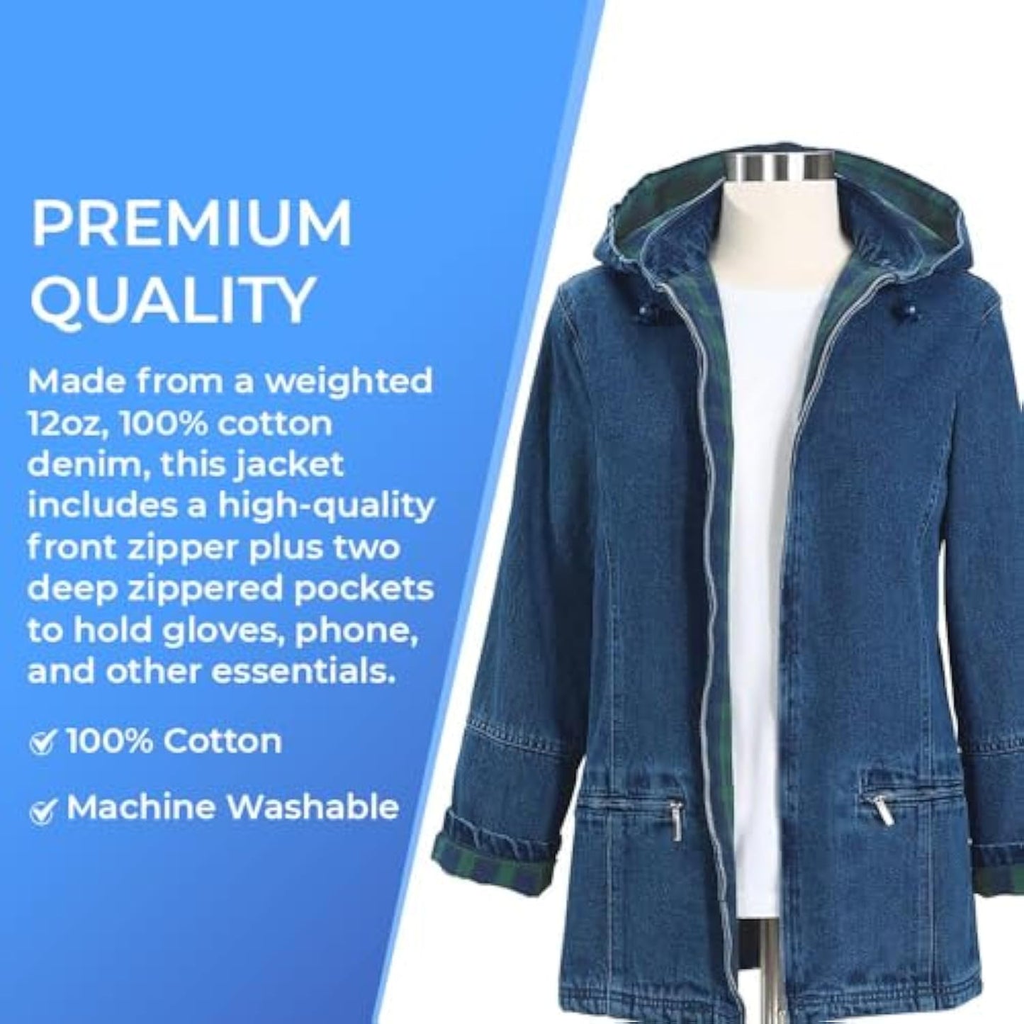 Women’s Flannel Lined Denim Jacket | Detachable Hood | Zip Front and Side Pockets | 100% Cotton