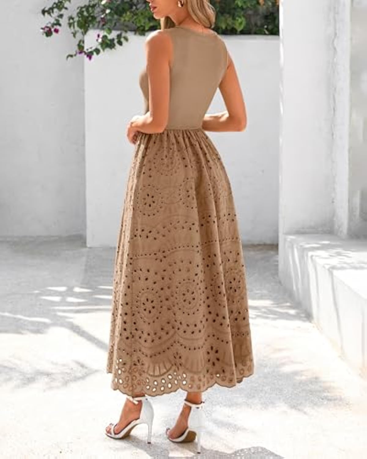 Women Summer Dresses Casual Sleeveless Crewneck A-Line Boho Lace Eyelet Cotton Tank Maxi Dress with Pockets