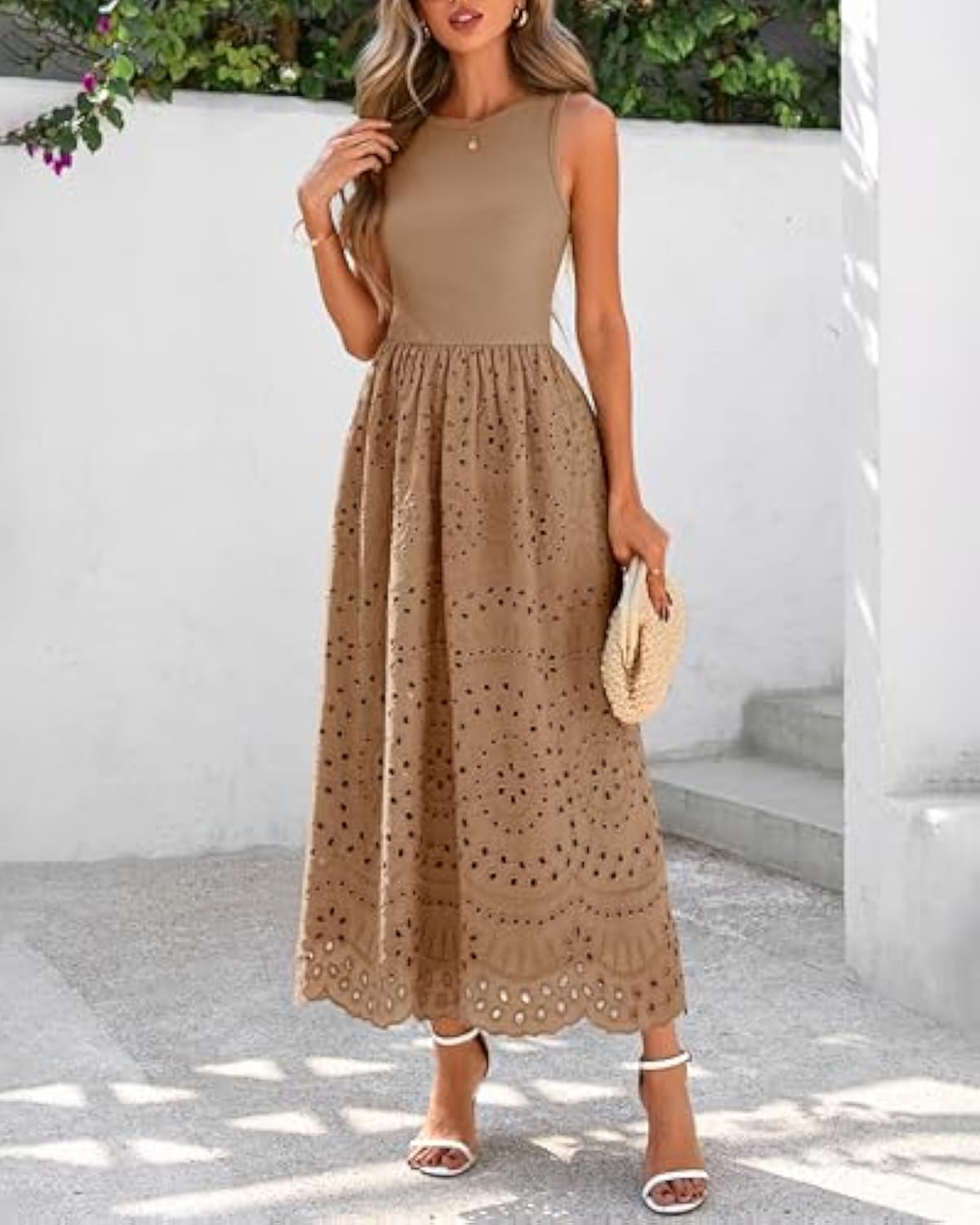 Women Summer Dresses Casual Sleeveless Crewneck A-Line Boho Lace Eyelet Cotton Tank Maxi Dress with Pockets
