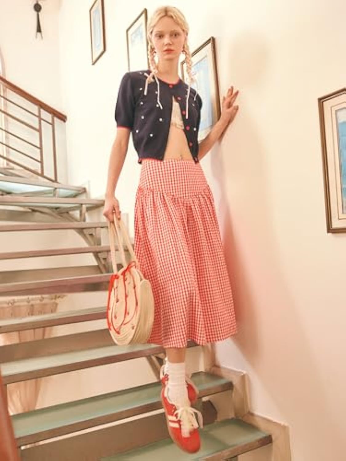Gingham Long Skirts for Women Maxi Plaid Skirt A Line High Waist Summer Skirts Casual Trendy