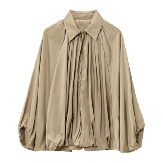 Women's Puffed Bomber Jacket Oversized Streetwear Casual Batwing Sleeve Lapel Collar Zip Front Pleated Shirts