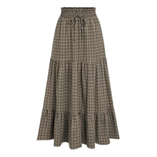 Elastic Waist Check Knotted Tiered Maxi Skirt
