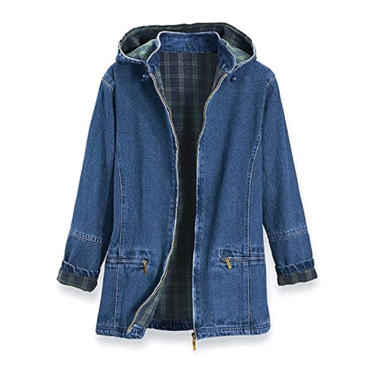 Women’s Flannel Lined Denim Jacket | Detachable Hood | Zip Front and Side Pockets | 100% Cotton
