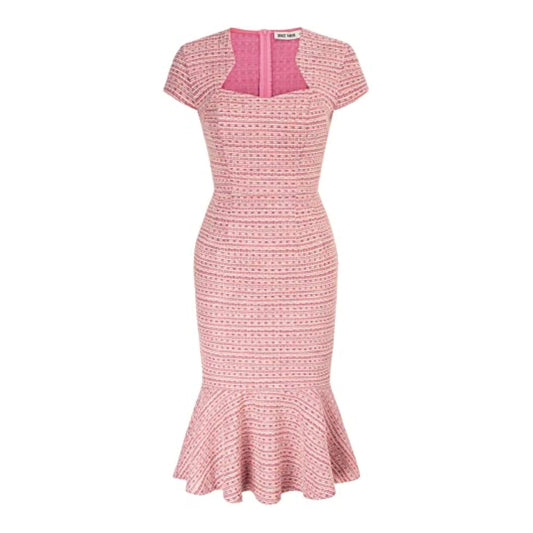Womens Elegant Cap Sleeve Fishtail Tweed Cocktail Bodycon Dress