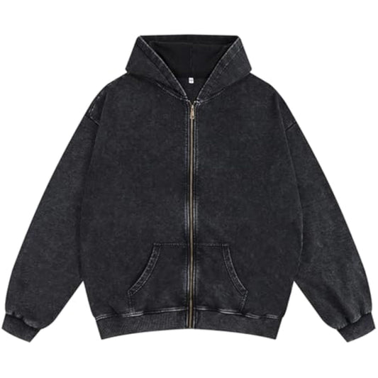 Oversized Vintage Cotton Jacket Acid Wash Grunge Basic Zip Up Hoodie For Women Distressed Baggy Long Sleeve Tops