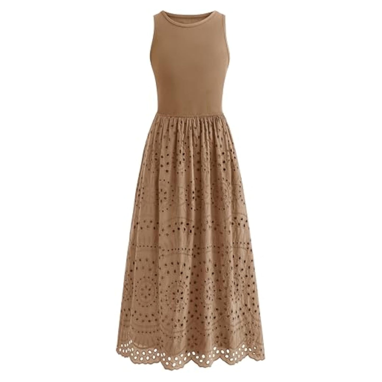 Women Summer Dresses Casual Sleeveless Crewneck A-Line Boho Lace Eyelet Cotton Tank Maxi Dress with Pockets
