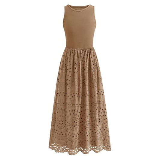Women Summer Dresses Casual Sleeveless Crewneck A-Line Boho Lace Eyelet Cotton Tank Maxi Dress with Pockets