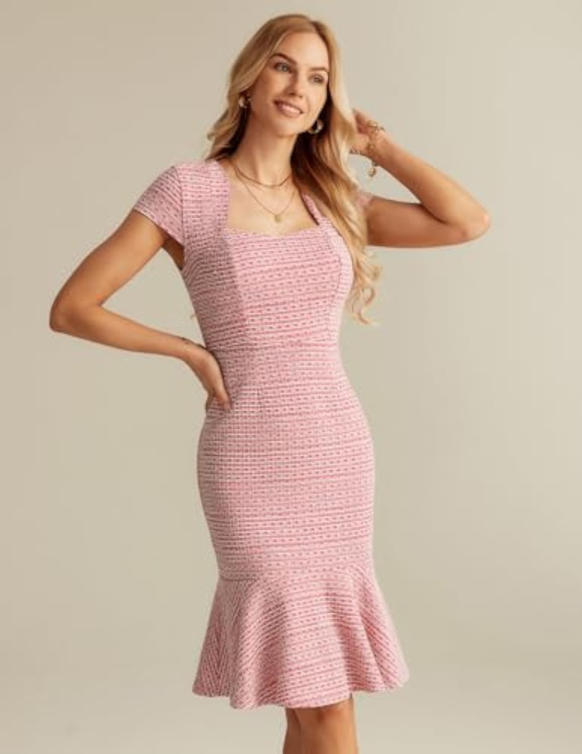 Womens Elegant Cap Sleeve Fishtail Tweed Cocktail Bodycon Dress