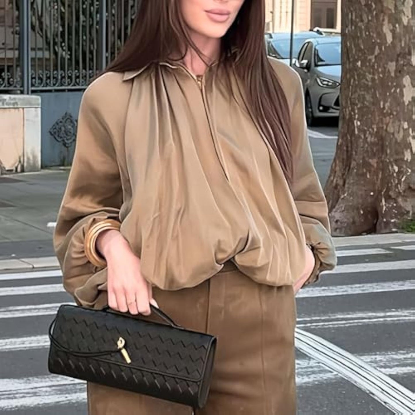 Women's Puffed Bomber Jacket Oversized Streetwear Casual Batwing Sleeve Lapel Collar Zip Front Pleated Shirts