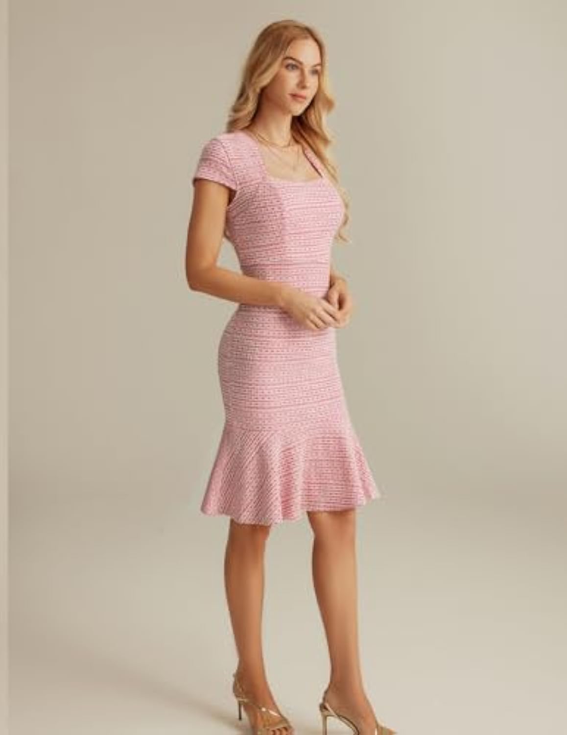 Womens Elegant Cap Sleeve Fishtail Tweed Cocktail Bodycon Dress