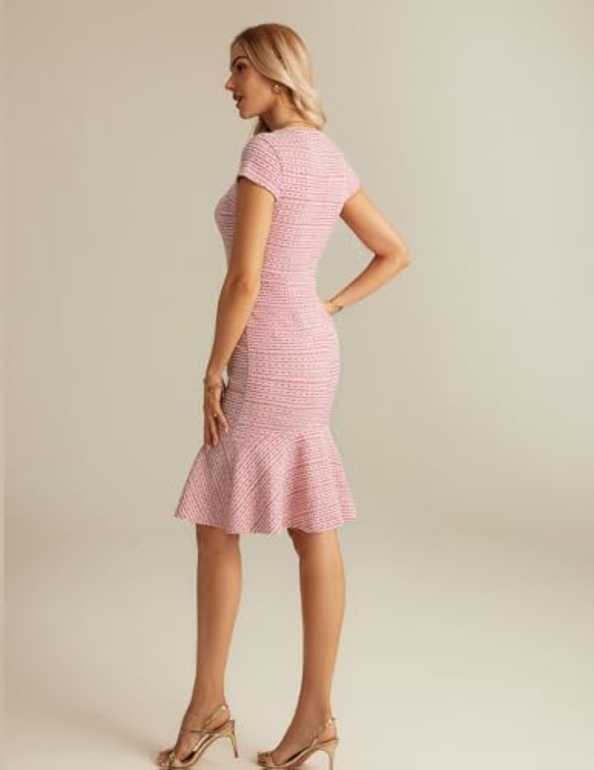 Womens Elegant Cap Sleeve Fishtail Tweed Cocktail Bodycon Dress