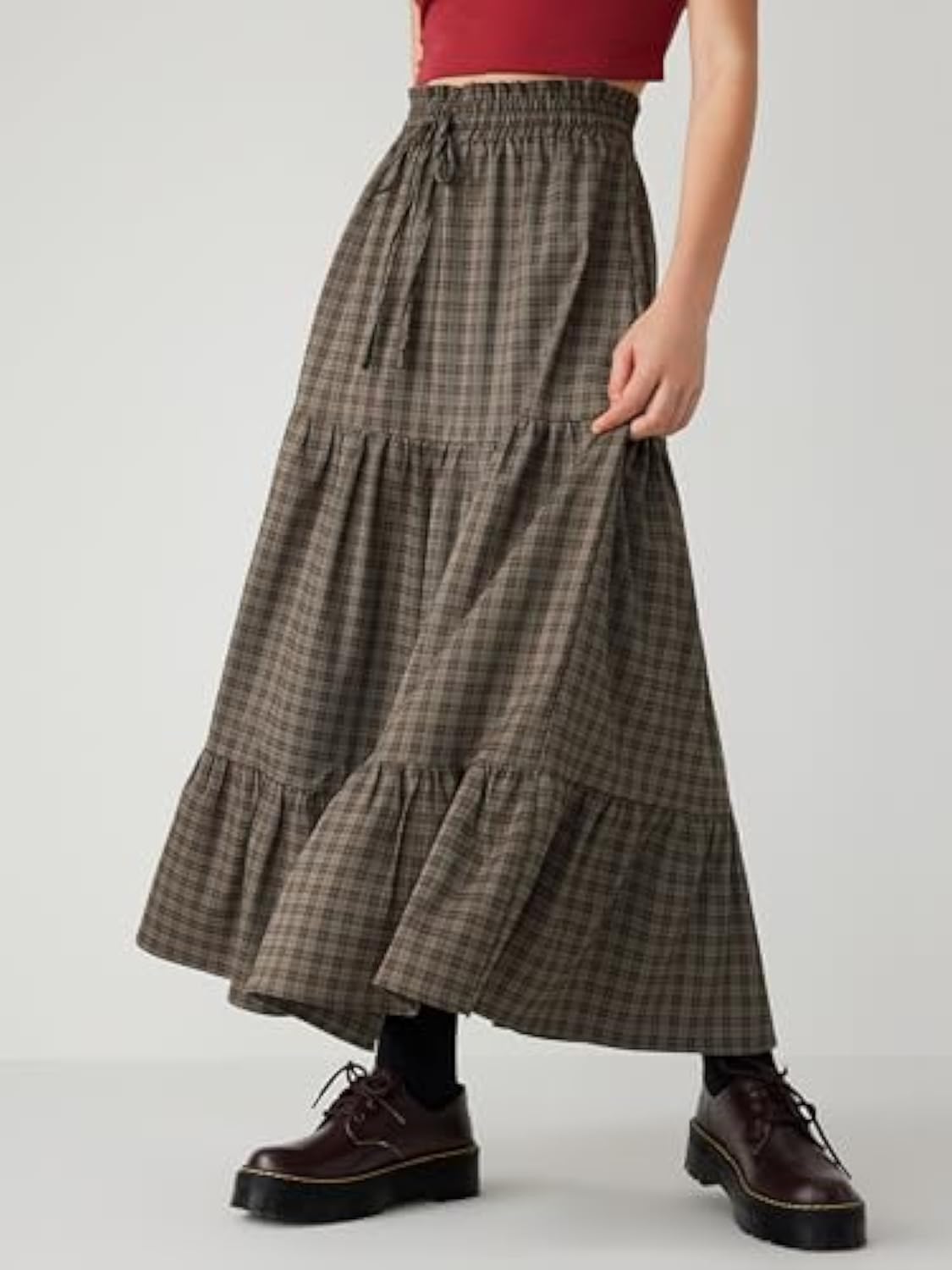 Elastic Waist Check Knotted Tiered Maxi Skirt